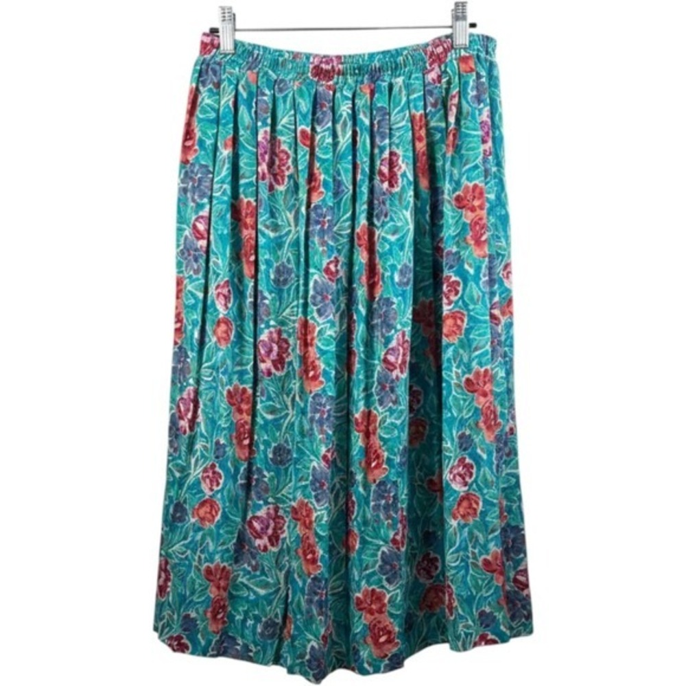 Vintage Leslie Fay Floral‎ Midi Skirt Petite 14P Teal Pink Cottagecore